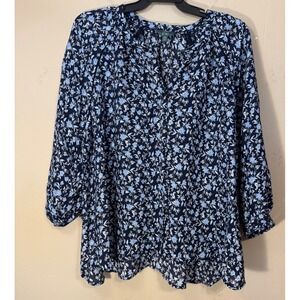 Terra & Sky Blouse Womens 2X Navy Blue Floral Boho Button Up 3/4 Sleeve NEW